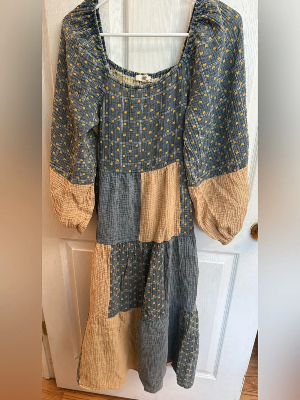 Easel ED27367 Teal Khaki Patchwork Washed Cotton Gauze Dress Size Small